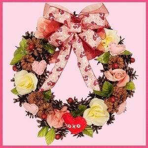 Handmade Pinecone Valentine's Day Wreath with Roses, Hearts, and Bow
